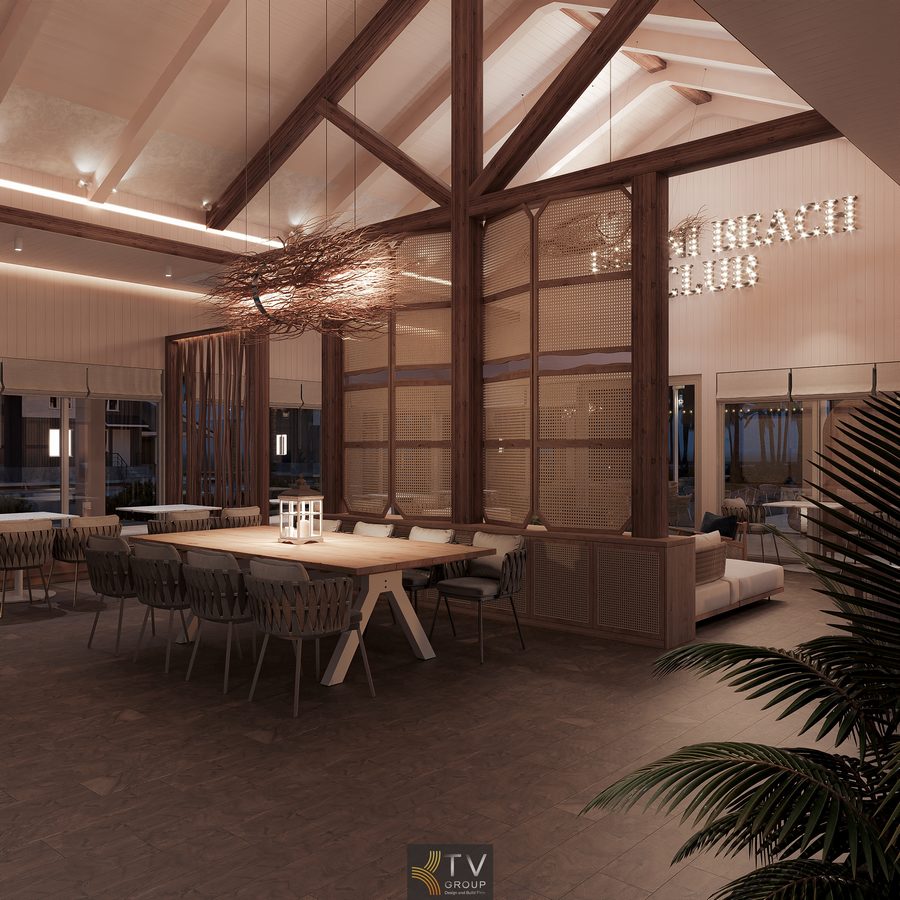 Không gian Indoor Coastal Lounge Dining mang đến trải nghiệm ăn uống cao cấp trong thiết kế Beach Restaurant Club.
