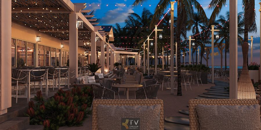 Thiết kế ánh sáng đêm cho nhà hàng Beach Restaurant với hệ đèn dây trang trí phủ toàn bộ không gian, tạo điểm nhấn lung linh và tăng khả năng thu hút khách check-in ban đêm. 