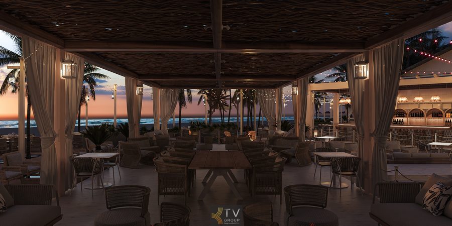 Góc Trung Tâm Lounge Pergola trong thiết kế Beach Restaurant Club là điểm nhấn kiến trúc, tối ưu công năng, ánh sáng, âm thanh và trải nghiệm view biển cao cấp. 