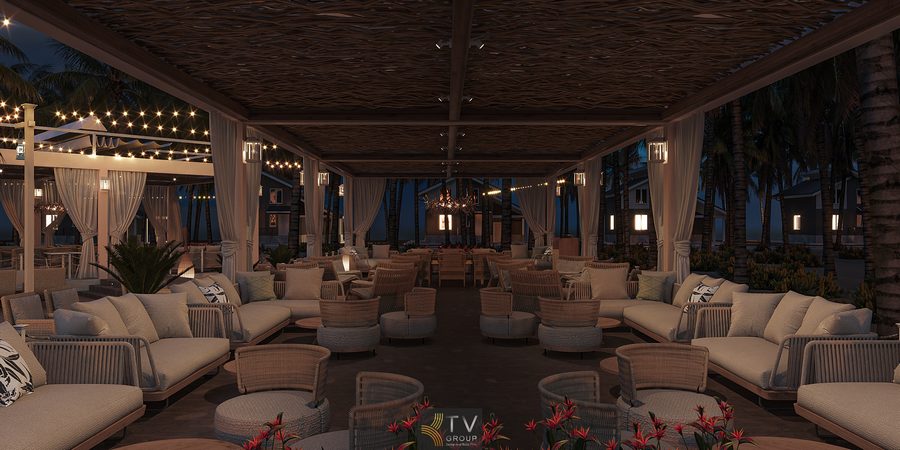Tổng thể kiến trúc nhà hàng sát biển với hệ khung pergola nhẹ, mái che bán phần và rèm mềm, giúp không gian linh hoạt trước điều kiện thời tiết ven biển. 