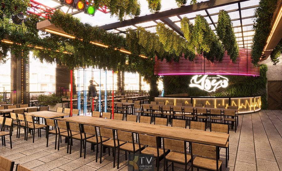 Sân tập trung Beer Garden thiết kế ánh sáng động theo nhạc Nội thất Beer Garden bàn ghế gỗ tối màu hài hòa ánh sáng vàng