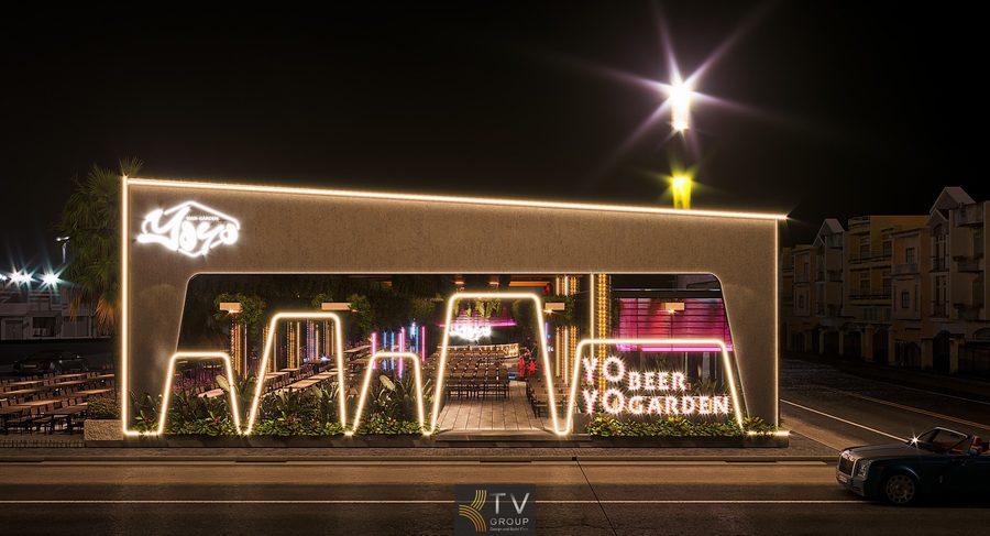 Thiết kế ánh sáng Beer Garden nổi bật với hiệu ứng màu chuyển động Beer Garden sân ngoài trời bàn ghế gỗ đồng bộ phong cách Urban Industrial