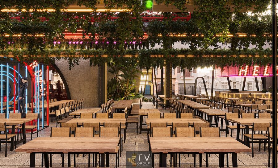 Không gian Beer Garden TPHCM nổi bật với hệ ánh sáng mô phỏng kiến trúc đường nét Mô hình Beer Garden hiện đại ứng dụng ánh sáng trang trí hút khách trẻ