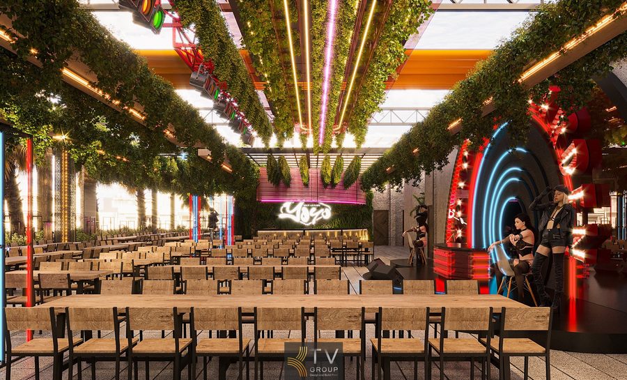 Thi công Beer Garden phong cách mở kết hợp ánh sáng LED đổi màu Beer Garden TPHCM thiết kế khung thép và ánh sáng viền đồng bộ