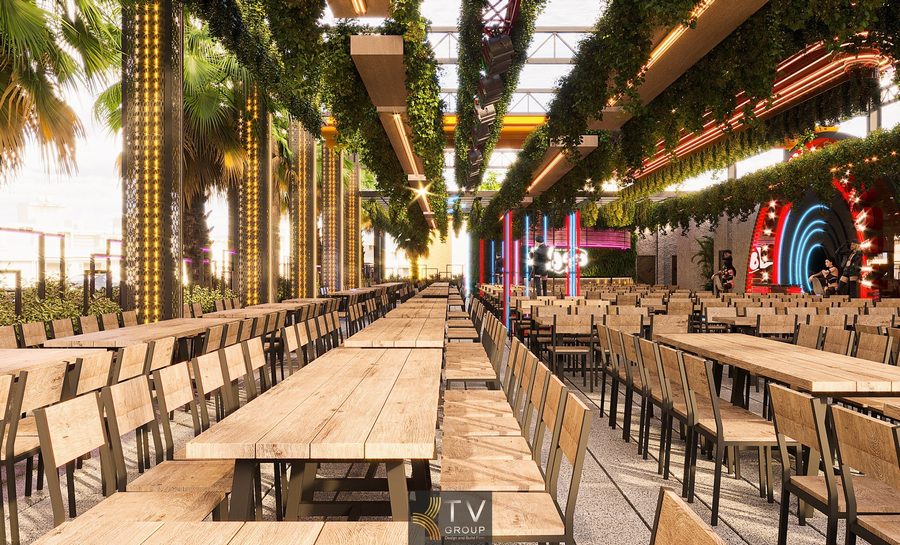 Thi công Beer Garden với ánh sáng điểm nhấn giúp tăng trải nghiệm khách Không gian Beer Garden hiện đại sử dụng ánh sáng đa lớp tạo chiều sâu