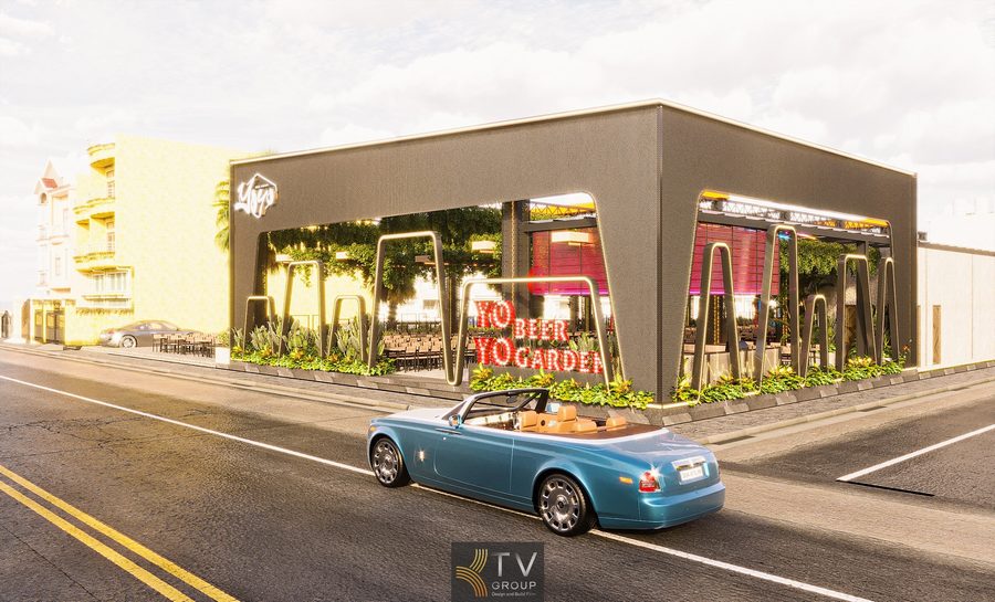 Mẫu ánh sáng kiến trúc Beer Garden chạy viền mái cực hút khách Không gian Beer Garden ban đêm lung linh phù hợp mô hình F&B Sài Gòn