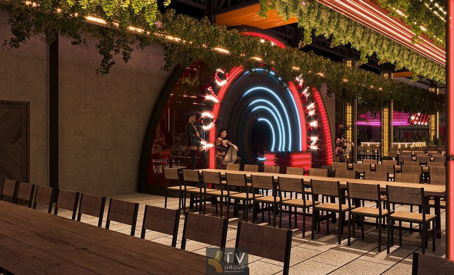 Không gian Beer Garden 1000m2 đẹp chuẩn kinh doanh tại trung tâm Sài Gòn Thiết kế ánh sáng Beer Garden nổi bật với hiệu ứng màu chuyển động