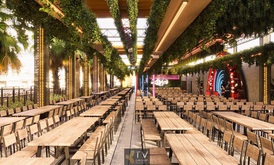 Thiết kế thi công Beer Garden tại TPHCM với ánh sáng kiến trúc hiện đại và không gian mở thu hút khách