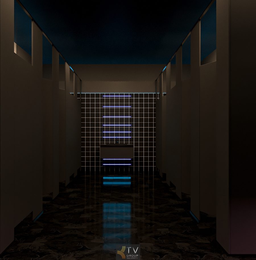 Hệ đèn LED ánh sáng trung tính được bố trí gián tiếp, tránh chói mắt nhưng vẫn đảm bảo đủ sáng. Ánh sáng hắt tường kết hợp gương soi giúp không gian WC luôn sáng, sạch và có chiều sâu. 