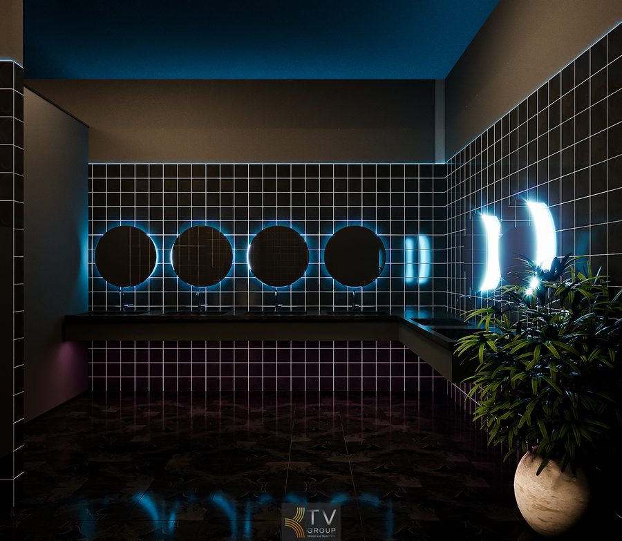 Bồn rửa tay bố trí liền mạch, vòi nước và phụ kiện chọn loại bền, dễ thay thế. Khu vệ sinh được thiết kế để dễ lau dọn, đáp ứng tiêu chuẩn vận hành F&B chuyên nghiệp. 