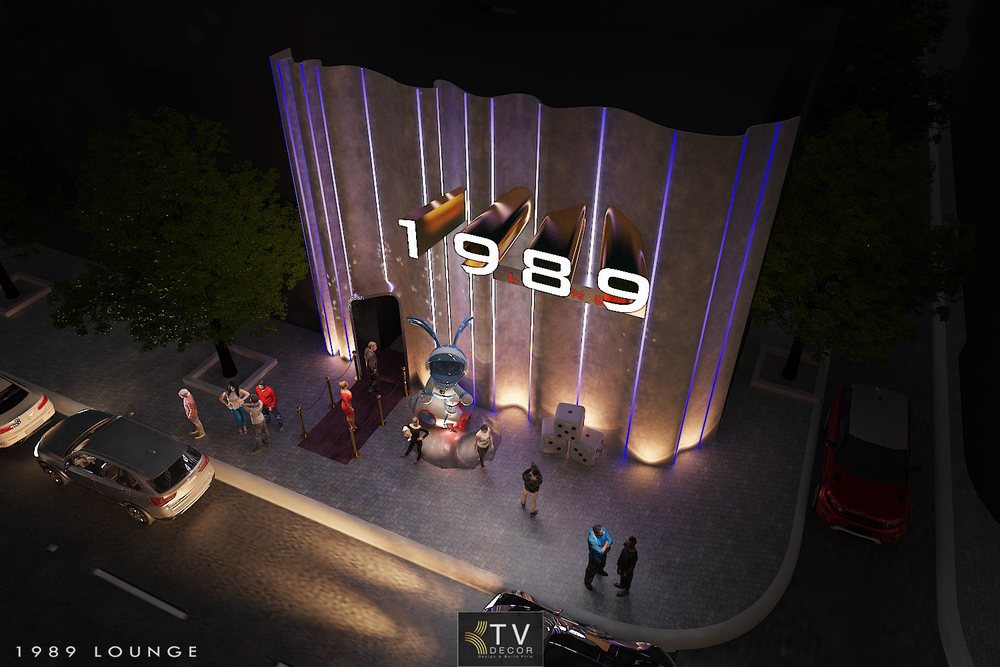 Thiết kế thi công mặt tiền 1989 Lounge phong cách hiện đại, ánh sáng LED nổi bật, mascot độc đáo – KTV Decor thực hiện.
