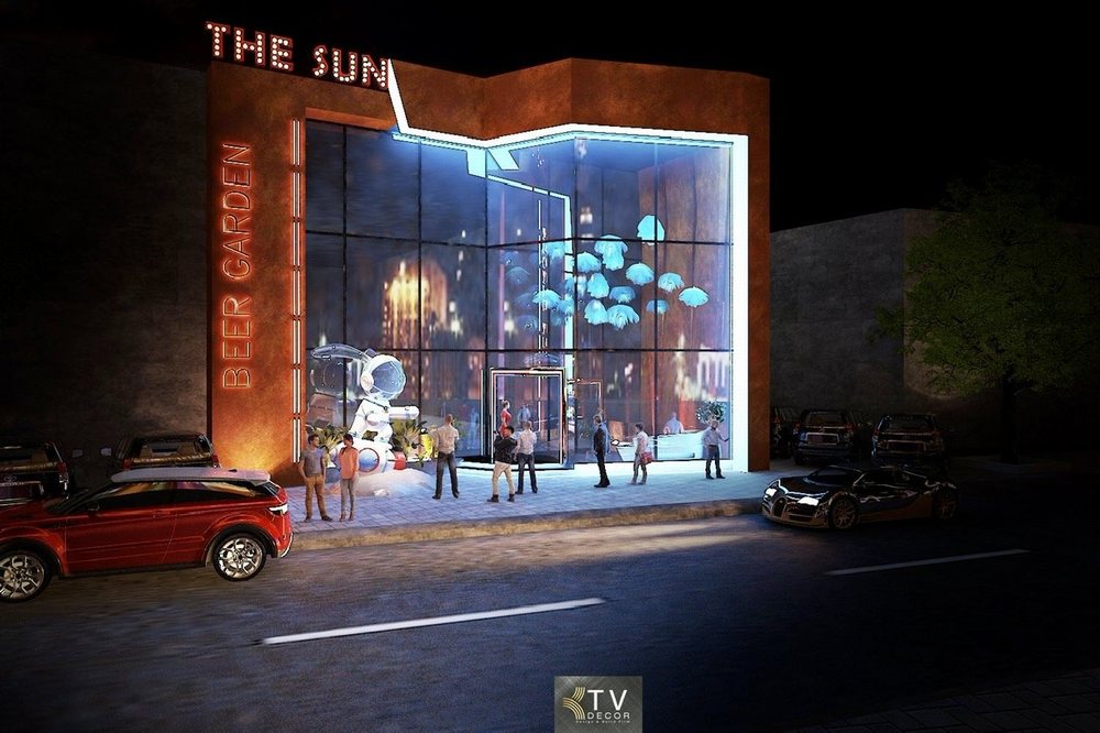 Mặt tiền xuyên suốt nội thất nhà hàng Beer Food Garden, đèn trần nghệ thuật, KTV DECOR báo giá thi công trọn gói