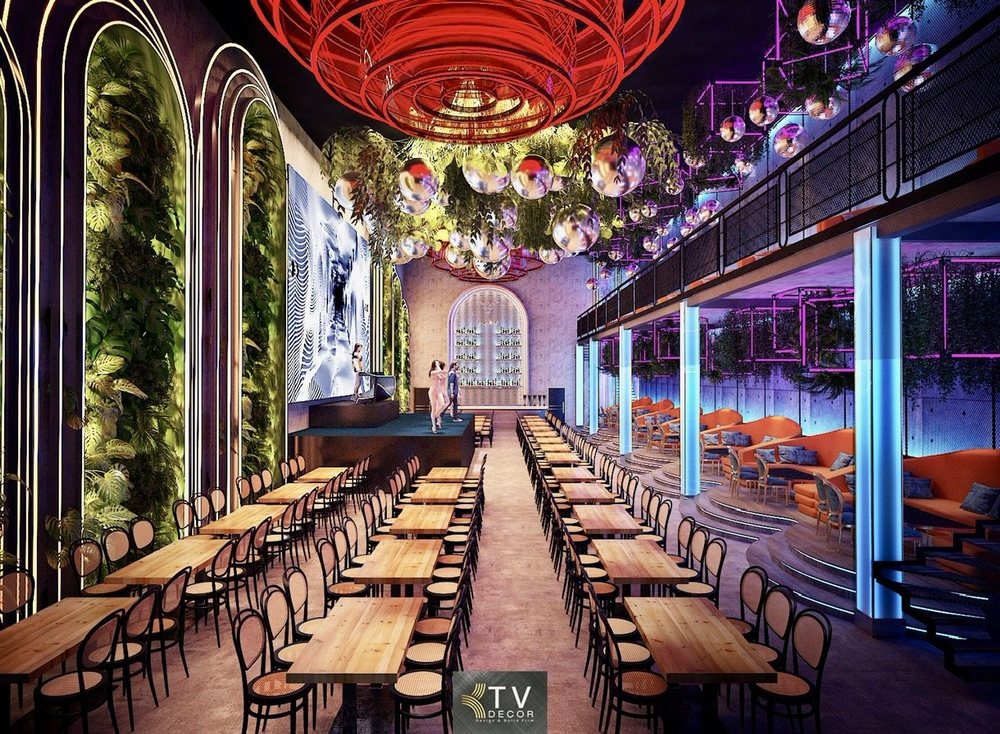 Tổng thể thiết kế thi công nhà hàng Beer Food Garden, trần đèn nghệ thuật, bố trí sân khấu và ghế sofa, KTV DECOR báo giá chi tiết
