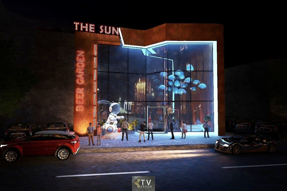 Thiết kế mặt tiền nhà hàng Beer Food Garden The Sun về đêm, kính cường lực, đèn LED viền, KTV DECOR báo giá trọn gói