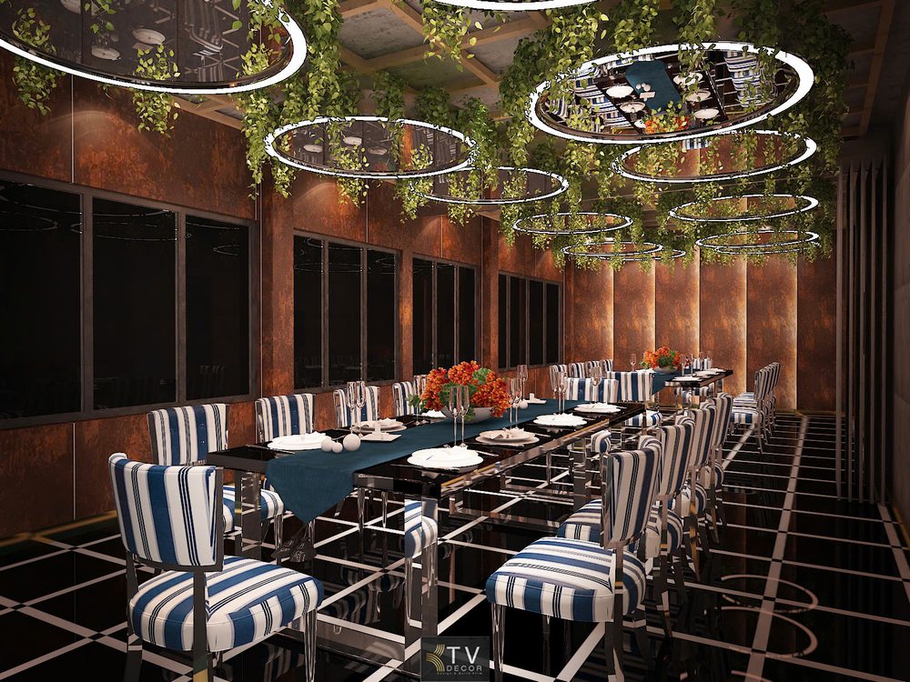 Thiết kế phòng VIP nhà hàng sang trọng với ghế sọc, bàn đen bóng và trần cây xanh – KTV Decor