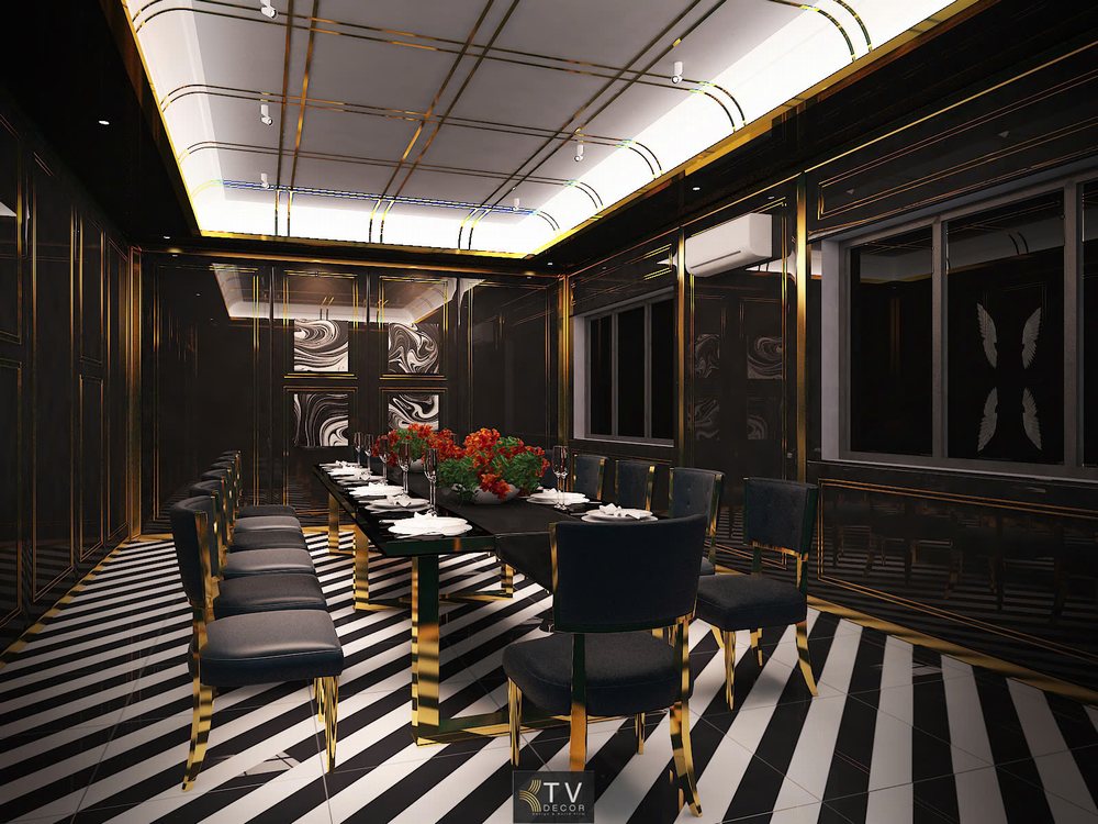 Thiết kế phòng VIP nhà hàng cao cấp với tông đen vàng – sàn sọc cá tính – bàn tiệc sang trọng | KTV DECOR