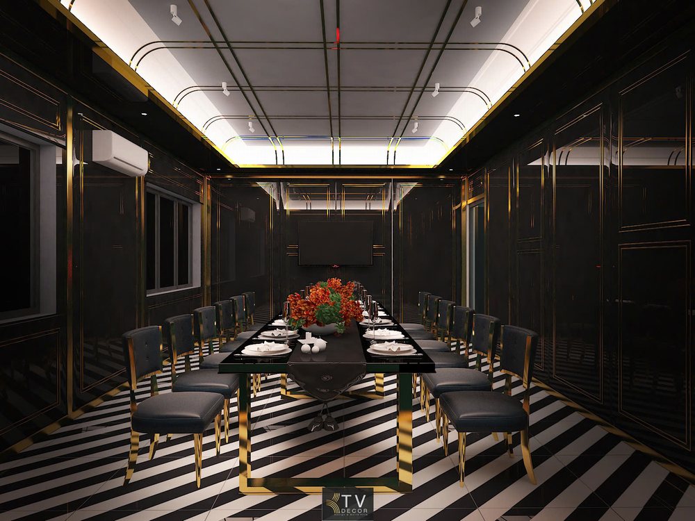 Thiết kế thi công nội thất phòng VIP nhà hàng phong cách đen – vàng luxury, bàn dài chân mạ vàng, ghế nhung sang trọng – KTV DECOR
