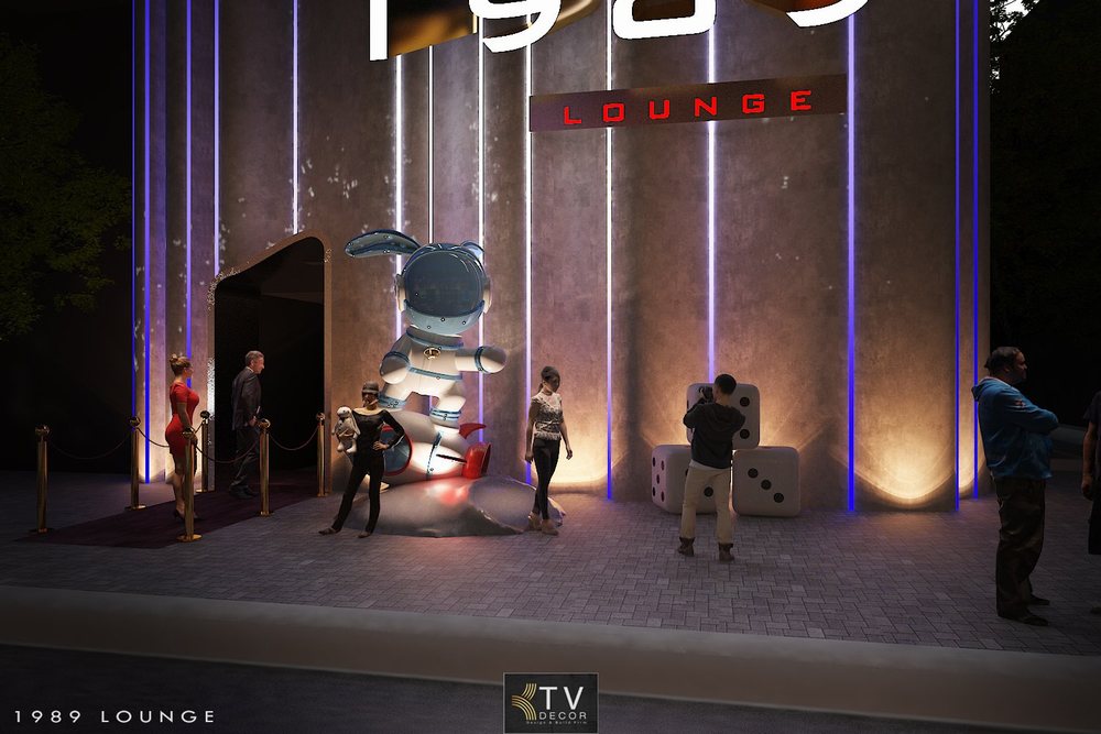 Cận cảnh thiết kế mặt tiền 1989 Lounge với mô hình phi hành gia, đèn LED tím, không gian sang trọng do KTV DECOR thi công.