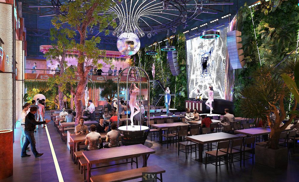 Thiết kế nhà hàng Beer Garden với lối đi lát đá và ánh sáng âm trần