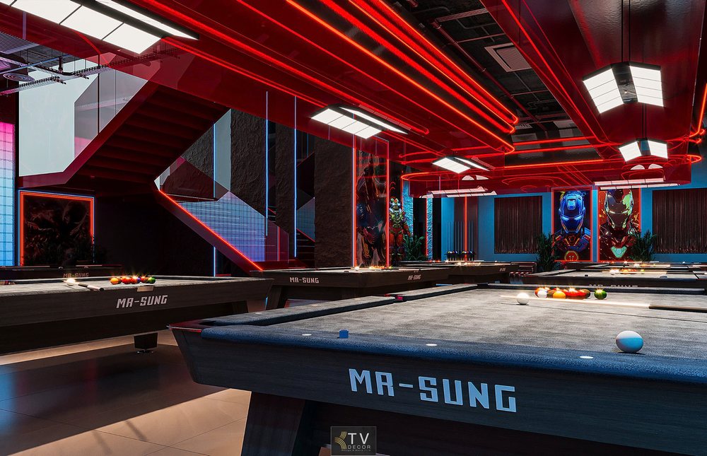 Thiết kế thi công bida club tone đỏ – đen sang trọng Nội thất câu lạc bộ billiards kết hợp ánh sáng nghệ thuật