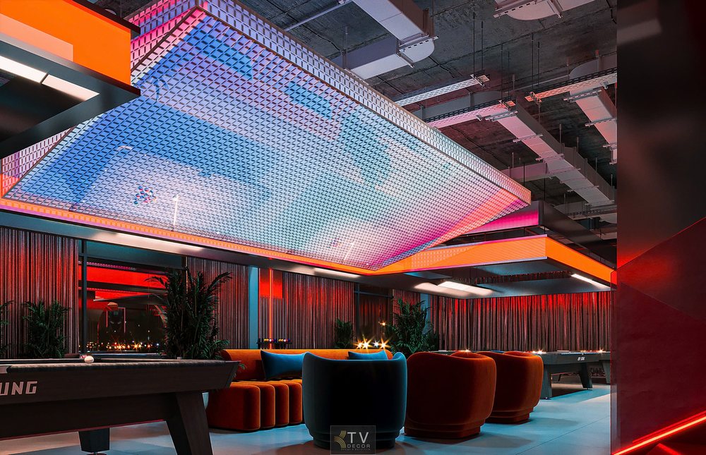 Dự án thiết kế bida club chuyên nghiệp – KTV DECOR 14 Không gian lounge trung tâm với trần LED đổi màu hiện đại trong thiết kế Bida Club 1000m² – KTV Decor