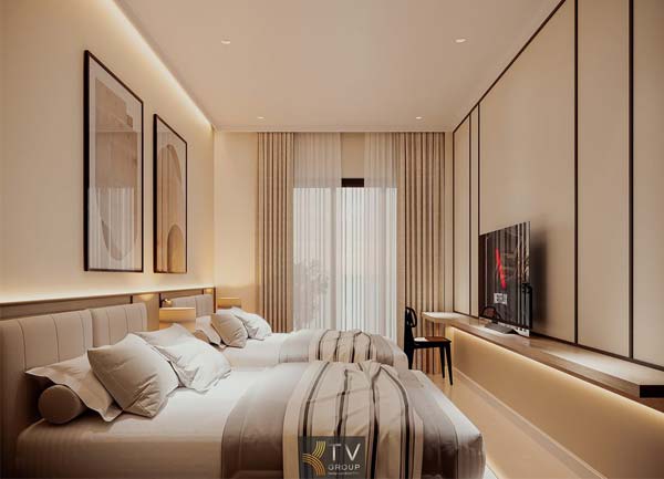 Thiết kế thi công phòng khách sạn 2 giường hiện đại tại TPHCM