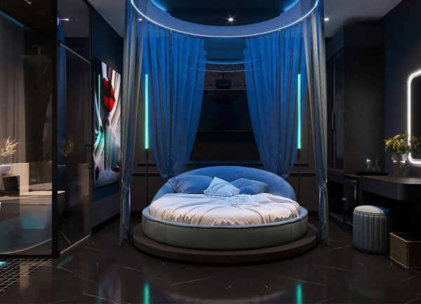 Thiết kế phòng khách sạn chủ đề tình yêu phong cách Midnight Blue Glow