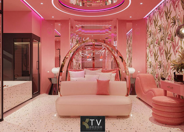 Thiết kế thi công phòng khách sạn chủ đề tình yêu phong cách Hồng Pastel