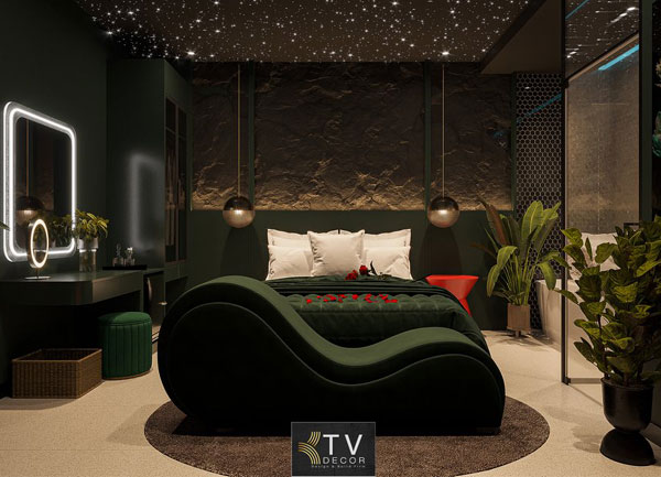 Thiết kế thi công phòng khách sạn chủ đề lãng mạn phong cách Dark Luxury