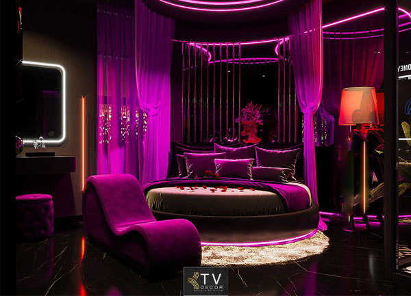 Thiết kế thi công phòng khách sạn chủ đề lãng mạn sắc tím Neon