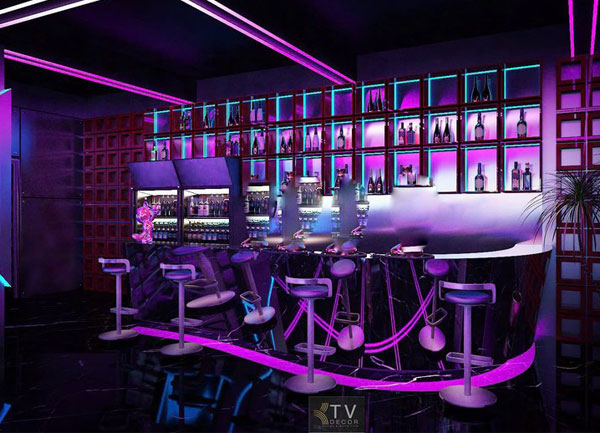 Mô hình LIGHTING Lounge Bar với quầy bar bo cong, ánh sáng LED