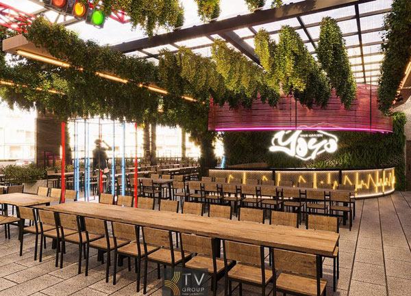 Thiết Kế Thi Công Nhà Hàng YOYO Beer Garden Hơn 1000m2 Tại TP.HCM Góc Ngồi Quầy Bar