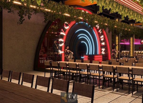 Thiết kế thi công YOYO Beer Garden hơn 1000m2 tại TPHCM sân khấu DJ trung tâm