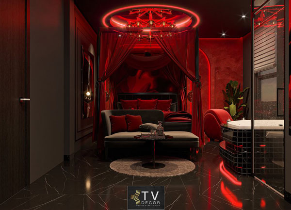Thiết kế thi công  phòng khách sạn tình yêu concept luxury đỏ rực nổi bật