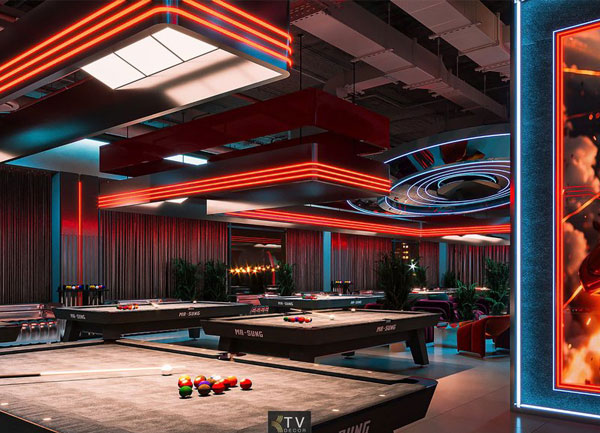 Thiết Kế Thi Công Club Bida 10 Bàn 350m2 Khu Bida Ánh Sáng Trung Tâm