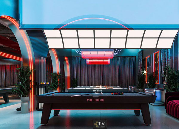 Thiết Kế Thi Công Bida 10 Bàn – Trần LED Panel Vuông 350m²