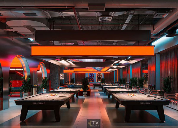 Thiết Kế Thi Công CLB Bida 10 Bàn 350m² Hiện Đại – Trần Cao, Đèn LED