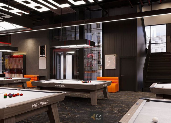 Thiết kế thi công góc bán đánh bida hiện đại bố cục khoa học ánh sáng chuẩn thi đấu