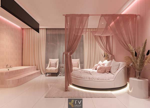 Thiết Kế Thi Công Phòng Khách Sạn Chủ Đề Tình Yêu Tone Hồng Lãng Mạn