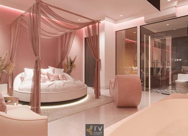 Thiết Kế Thi Công Phòng Khách Sạn Chủ Đề Tình Yêu Giường Tròn Canopy