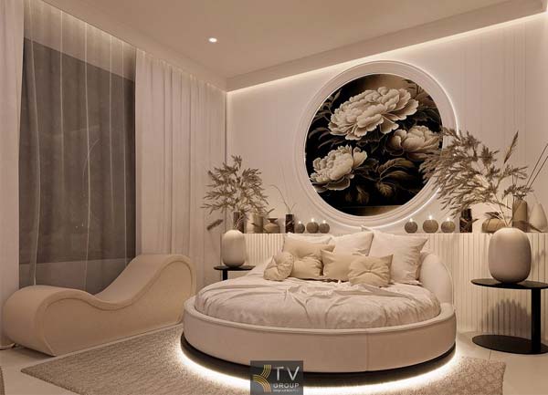 Thiết kế thi công phòng khách sạn concept ấm áp Giường tròn