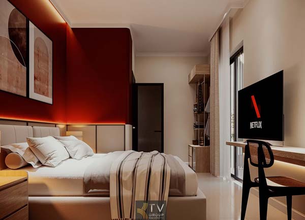 Thiết kế thi công phòng khách sạn hiện đại với điểm nhấn tường đỏ