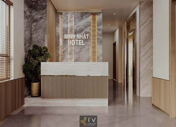 Thiết kế thi công tiếp tân khách sạn Modern Warm tại TPHCM