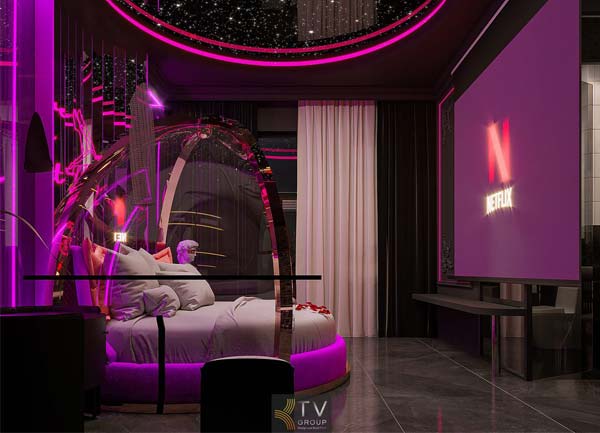 Thiết Kế Thi Công Phòng Khách Sạn Chủ Đề Tình Yêu Phong Cách Neon