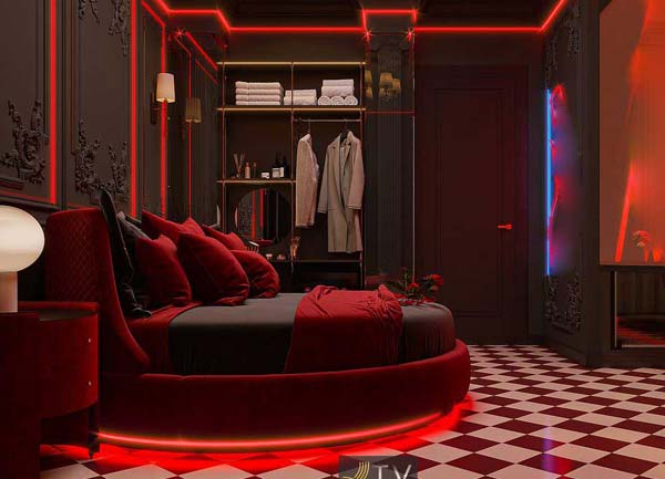 Thiết Kế Thi Công Phòng Khách Sạn Concept Ánh Sáng Đỏ tại TPHCM