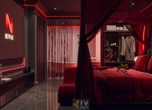 Thiết kế thi công khách sạn concept ánh sáng đỏ hiện đại