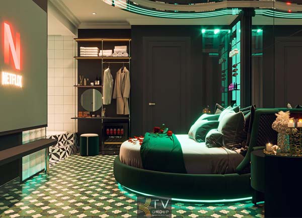 Thiết kế thi công phòng khách sạn hiện đại với giường cong ánh sáng LED