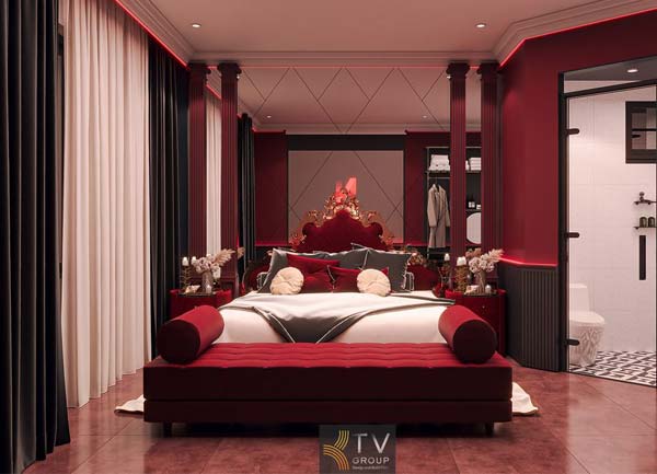 Thiết kế phòng khách sạn Luxury Romantic tông đỏ sang trọng