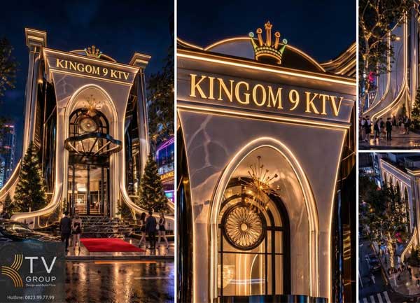 Thiết kế thi công karaoke mặt tiền vòm cao LED vàng ánh kim KINGDOM 9 KTV
