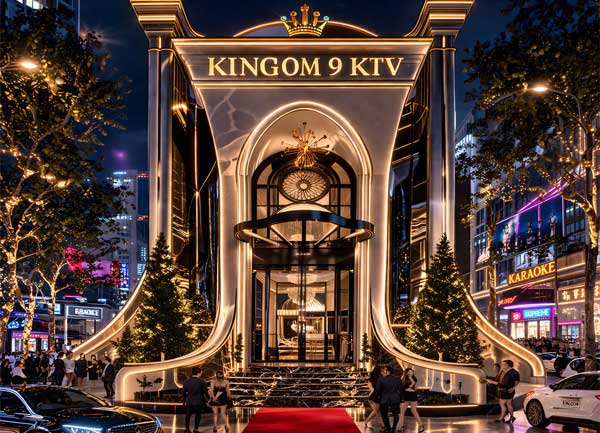 Thiết kế thi công karaoke góc trực diện vòm cao LED vàng KINGDOM 9 KTV